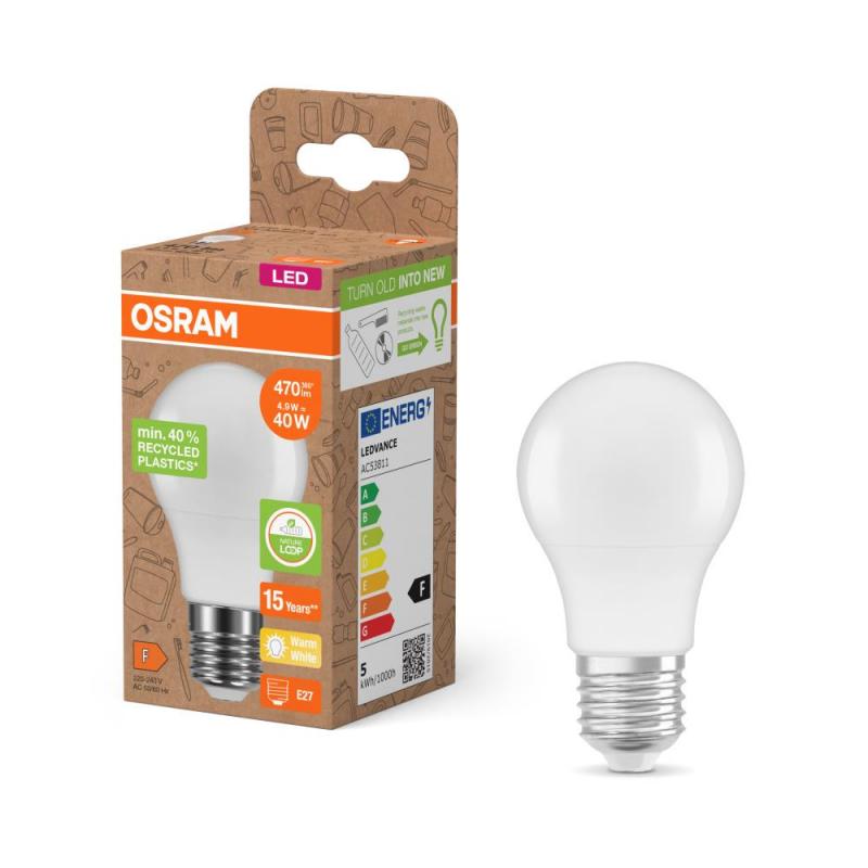 Osram E27 LED Lampe Star Classic A 40 Recycled Plastic 4.9W wie 40W warmweißes Licht - weiß mattierte Glühbirne